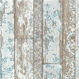 Vliesové tapety na stenu Neu Bude drevený obklad hnedý s modrou kvetinovou aplikáciou