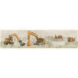 Detské vliesové bordúry Little Stars stavebné stroje oranžové na hnědom podklade - POSLEDNÝ KUS