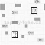 Vinylové tapety na stenu obklad bielo-sivý s nápismi