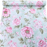 Samolepiace tapety ružové kvety na zelenom podklade 45 cm x 10 m