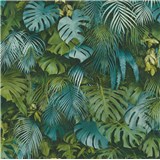 Vliesové tapety na stenu Greenery palmové listy a listy Monstera modro-zelené