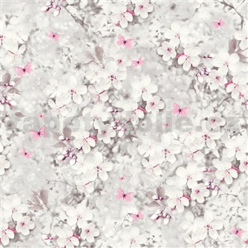 Vliesové tapety na stenu IMPOL biele kvety s lesklými detailmi s motýľmi