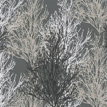Vinylové tapety na stenu Adelaide stromčeky sivé, čierne, biele na sivom podklade