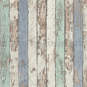 Vliesové tapety na stenu Wood'n Stone drevené laty zelené, modré, biele