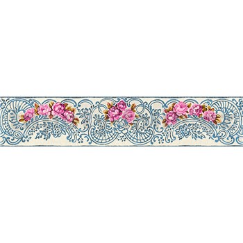 Vliesové bordúry IMPOL ruže s modrými ornamentami na bielom podklade 13,5 cm x  5 m - POSLEDNÉ KUSY
