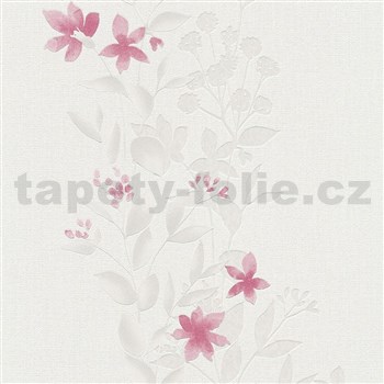 Vliesové tapety na stenu Blooming ružové kvety so zelenými listami na bielom podklade