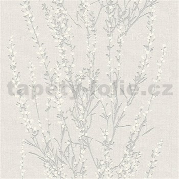 Vliesové tapety na stenu Blooming vetvičky strieborné s bielymi lístkami