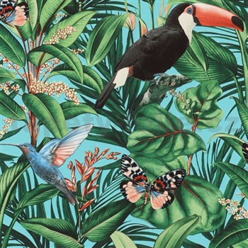Vliesové tapety na stenu IMPOL Paradisio 2 fauna a flora na tyrkysovom podklade