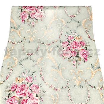 Samolepiace tapety ružičky s ornamentami na zelenom podklade 45 cm x 10 m