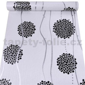 Samolepiace tapety čierne kvety so striebornými vlnovkami 45 cm x 10 m