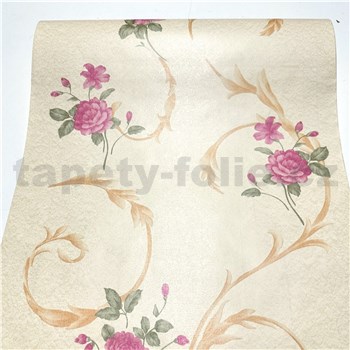 Samolepiace tapety kvety s ornamentami na béžovej omietke 45 cm x 10 m
