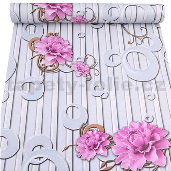 Samolepiace tapety ružové pivonky s ornamentami a pruhmi 45 cm x 10 m