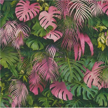 Vliesové tapety na stenu Greenery palmové listy a listy Monstera ružovo-zelené