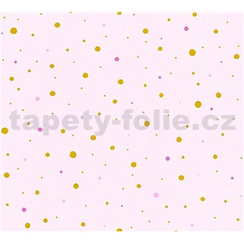 Detské vliesové tapety na stenu Little Stars bodky zlaté a ružové na ružovom podklade