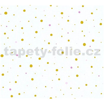 Detské vliesové tapety na stenu Little Stars bodky zlaté a ružové na bielom podklade