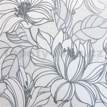 Vliesové tapety na stenu Natalia velké kvety so sivými kontúrami na bielom podklade - POSLEDNÉ KUSY