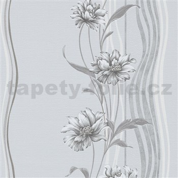 Vliesové tapety na stenu Natalia kvety sivé na podklade s vlnovkami - POSLEDNÉ KUSY
