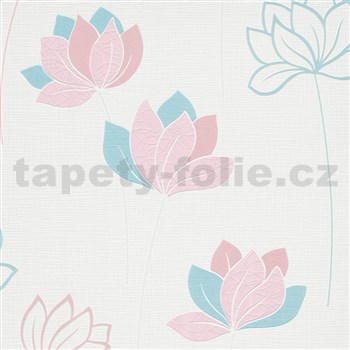 Vliesové tapety na stenu IMPOL Novara 3 kvety ružovo-modré na bielom podklade
