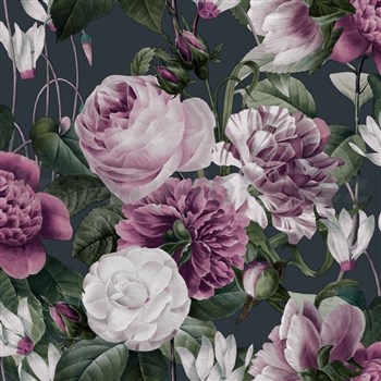 Papierové tapety na stenu IMPOL fialovo-ružové kvety na sivom podklade