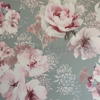 Papierové tapety na stenu IMPOL ružové kvety na sivom podklade