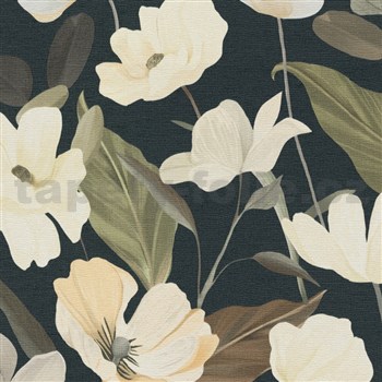 Vliesové tapety na stenu Secret Garden štylizované kvety na tmavom podklade
