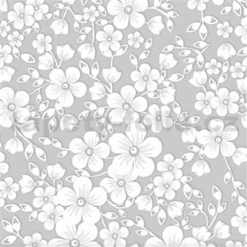 Obrusy návin 20 m x 140 cm biele kvety na sivom podklade