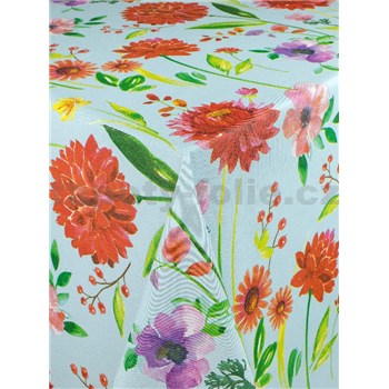 Obrus metráž veľké kvety na modrom podklade s textilnou štruktúrou - POSLEDNÉ METRY