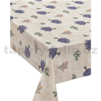 Obrusy návin 20 m x 140 cm levanduľa a olivy na hnedom podklade