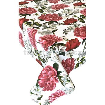 Obrusy návin 20 m x 140 cm pivonky červené a kvety čerešní