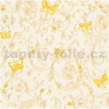 Luxusné vliesové tapety na stenu Versace III barokný vzor zlatý so žltými motýlmi