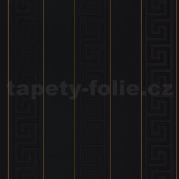 Luxusné vliesové tapety Versace III grécky kľúč čierny so zlatými prúžkami-POSLEDNÉ KUSY