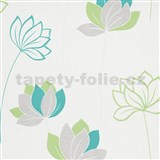 Vliesové tapety na stenu IMPOL Novara 3 kvety zeleno-sivé na bielom podklade