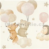 Vliesové tapety na stenu RASCH zvieratká a balóniky béžovo-ružové